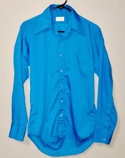 True Vintage 70s Cotton Blend dagger collar Mens Button Shirt L Disco Blue