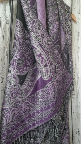 Purple Silver Black Pashmina & Silk Scarf Shawl Paisley Festival Sparkly Hippie - Picture 2 of 4