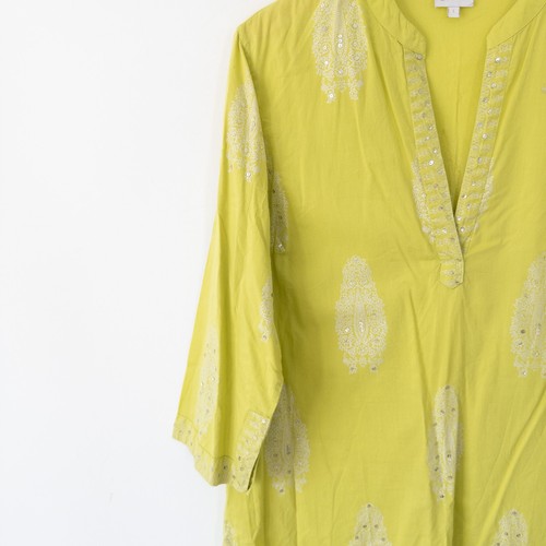 EAST Lime Yellow Green Cotton Tunic Size L Paisley Sequin Embellished - Picture 5 of 22