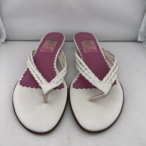 Sandalias de Tanga Lilly Pulitzer Blancas Trenzadas Plantilla Rosa Cuero Chanclas Talla 8 - Imagen 2 de 11