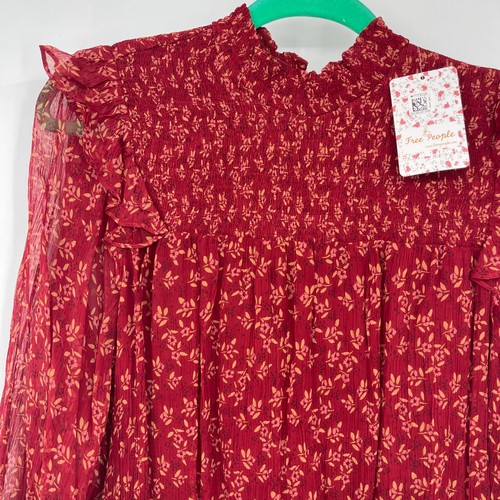 FREE PEOPLE Floral Roma Top Red Peasant Cottagecore Boho Long Sleeve Womens M - Picture 3 of 10
