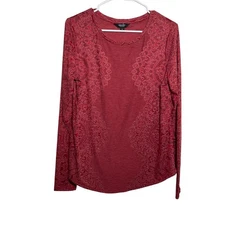 Simply Vera Vera Wang T-Shirt Women's Medium Red Round Neck Boho Long Sleeve