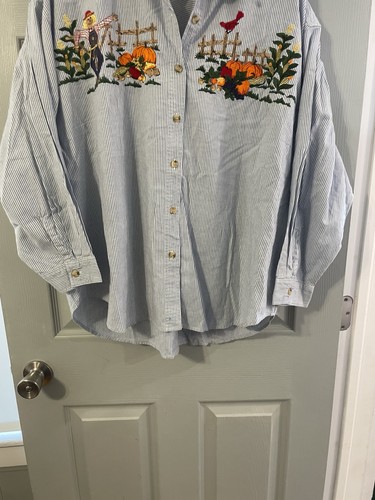 Solutions Damen Shirt 22/24 Vintage Ernte Herbst blau gestreift bestickt - Bild 2 von 6