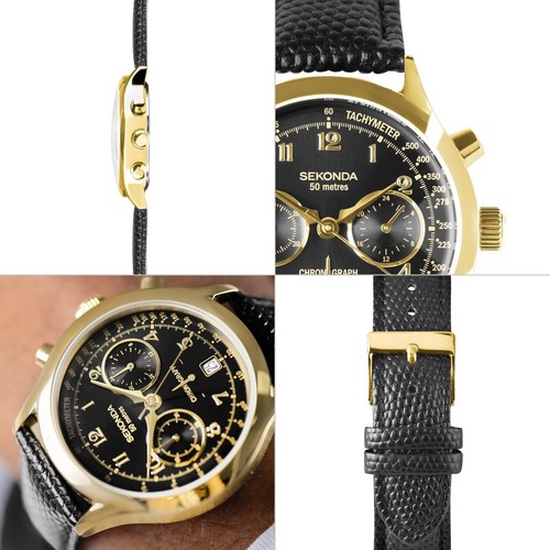 Sekonda Mens ARCHER Chronograph 40mm Gold Case Watch Black Leather Strap 30237 - Picture 11 of 11