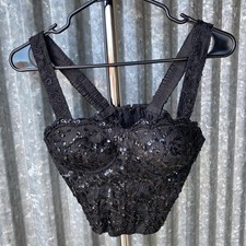 VTG 90s Handmade Black Beaded  Sequined Bustier Corset Top Size S M