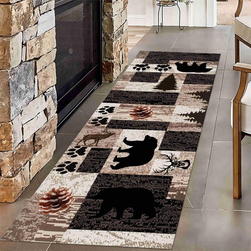 Rustic Lodge Runner Rug,2x7ft,Western Country Bear Elk Deer Wildlife Log Desi... - Bild 1 von 7