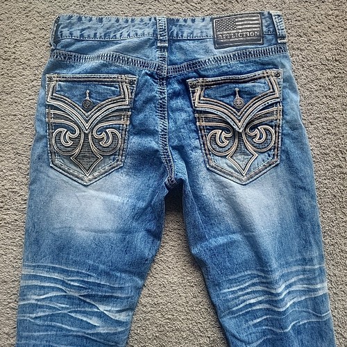 Pantalones de mezclilla Affliction Ace para hombre 33 azules bordados bigotes descoloridos desgastados - Imagen 8 de 24