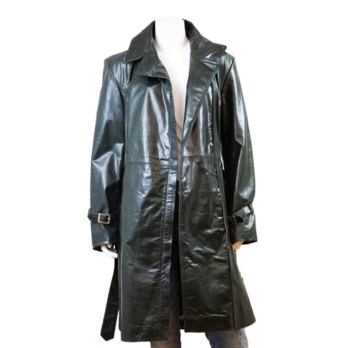 Feminin Touch Women's Green Glaze Vintage Distressed Leather Slim Trench Coat - Picture 4 of 4
