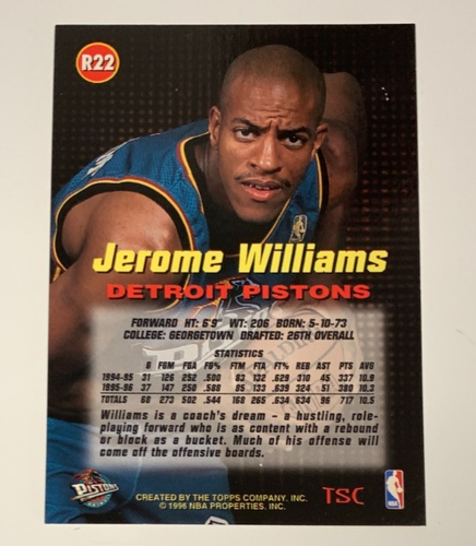 NBA JEROME WILLIAMS Detroit Pistons 1996-97 Topps Stadium Club ROOKIE CARD R22 - Picture 2 of 3