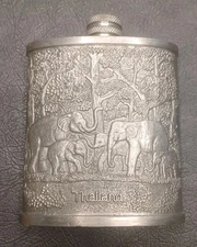 Vintage THAILAND Bangkok Pewter 97% Tin Ornate Elephants Whiskey Flask Canteen