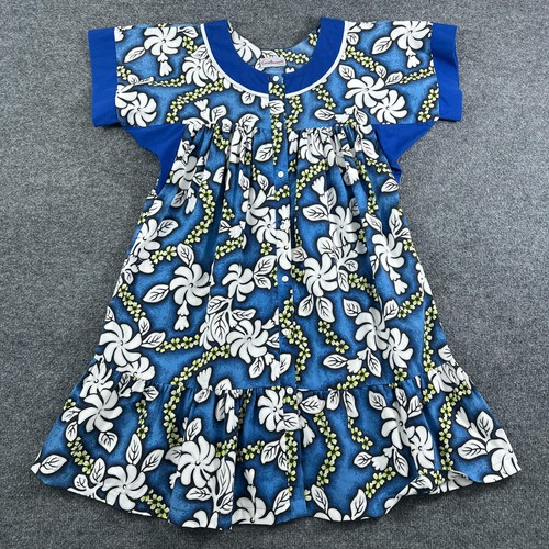 Carol Bennett Hawaii Kleid Damen mittelblau Blumen Muumuu Rüschensaum Pullover