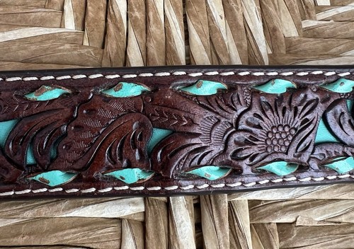 šµ Western Tooled Leather Belt with Turquoise Inlay ā Size 22 Youth - Picture 7 of 8