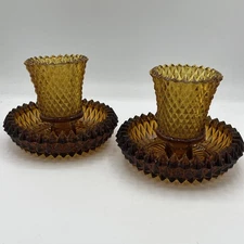 Set 2 Vtg Indiana Glass Diamond Point Amber Candle Votive Candlestick Holder