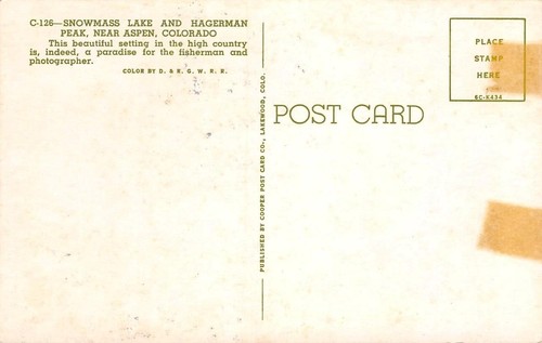 Snowmass Lake & Hagerman Peak Near Aspen, Colorado c1960s Vintage Postcard - Picture 2 of 2