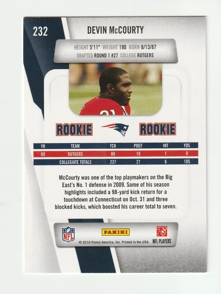2010 Panini Prestige #232 Devin McCourty rookie card, New England Patriots - Image 2 of 2