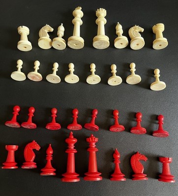 Antique German Bone Staunton Chess Set c1900 Complete w Box 3.25''