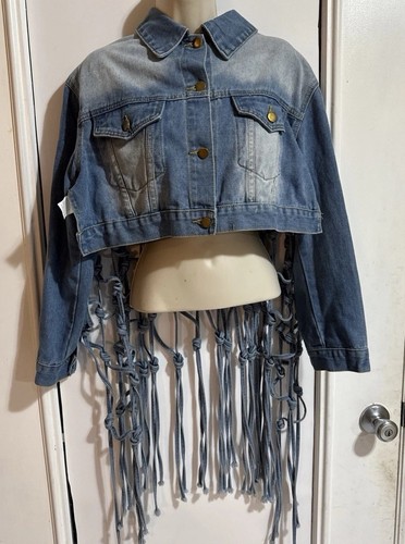 Casual Denim Jackets Long Sleeve Mesh Tassel Back Jean Coat Tie Knot Tops, Large - Picture 3 of 3