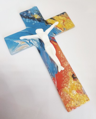 Wall Modern Glass Murano Crucifix Cross Multicolor Blue Red From Medjugorje 6.3" - Picture 14 of 16