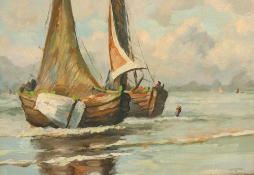 Fischerboote Am Ufer Gebirge Ölgemälde Signiert Foels ca. 1930-40 - Bild 4 von 12