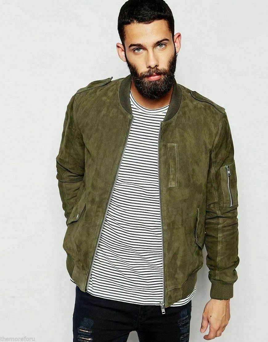 Design NEW Men's Green Suede Jacket 100% Sheepskin Slim Fit Bomber RibbedJacket