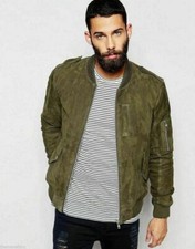 Design NEW Men's Green Suede Jacket 100 Sheepskin Slim Fit Bomber RibbedJacket