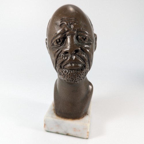 Vintage Bronze Büste Skulptur auf Marmor älterer afrikanischer Mann signiert JOBO 5" hoch
