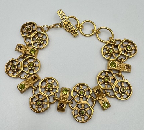 Premier Designs Brushed Yellow Gold Tone Green Rhinestone Toggle Bracelet - Picture 6 of 10