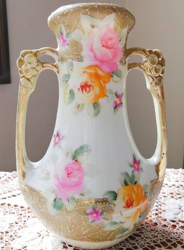 Old Noritake Rose Hand Painted Vase w Handle Antique Moriage NIPPON Maple Leaf - Picture 1 of 9