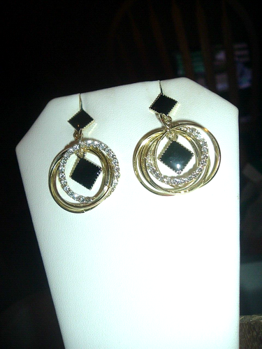Gold Black Crystals MULTIPLE GEOMETRIC CIRCLES Betsey Johnson Pierced EARRINGS - Picture 2 of 7