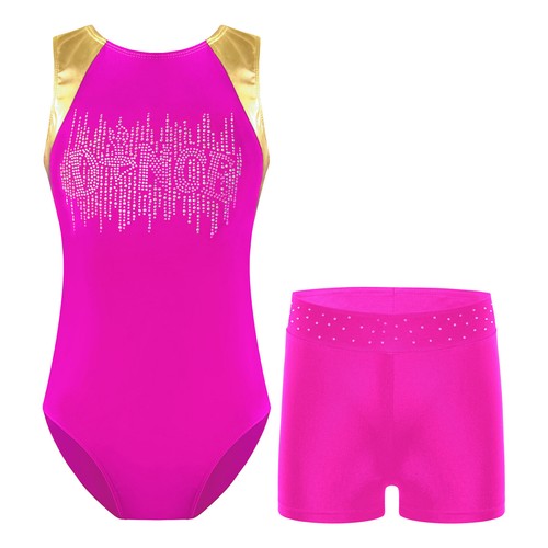 Kids Girls Leotard With Shorts Stage Dance Set Rhinestones Adorned Tracksuit - Picture 42 of 63