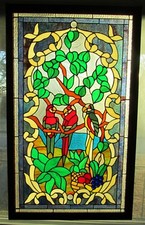 Stained Glass Panel - 3 Parrots Resting in wood frame 22" x 36" panel