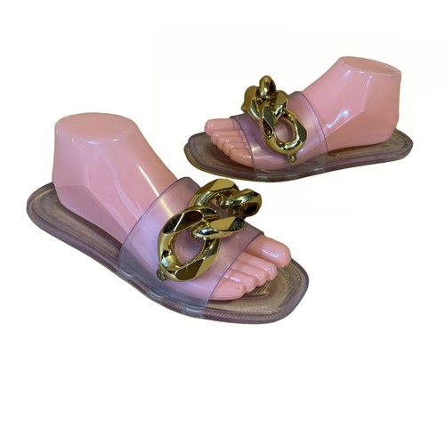 WOMEN'S ABATA CLEAR PLASTIC JELLY SLIDE FLATS WITH GOLD TONE CHAIN SIZE 9