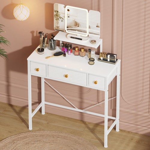 HIGDBFE Makeup Vanity Desk 27.5''W with Mirror and Lights Small Vanity Desk w...
