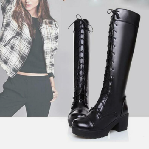 Women's Knee High Boots Lace Up Chunky Platform Heels Combat Riding Wedge Boots - Picture 4 of 22