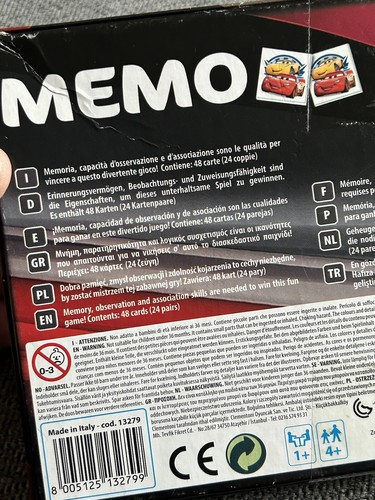 Memo Disney Pixar Cars 3 CLEMENTONI 13279 Memory Pairs Card Game Rare Complete - Picture 8 of 14