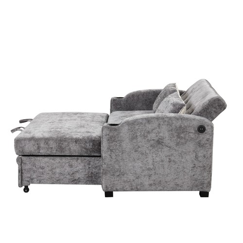 61.6" Pull Out Sofa Bed Chenille Convertible Loveseat Sofa w Cup Holders, Gray - Picture 23 of 24