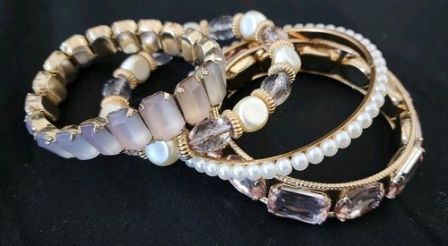 Vintage Mixed Bracelet Lot Pink Rhinestones Faux Pearl Gold Tone Stretch/Bangles