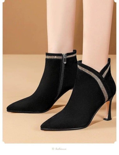 Women Faux Suede Pointed Toe High Heels Side Zip Ankle Boots Dress Work Office - Afbeelding 5 van 5