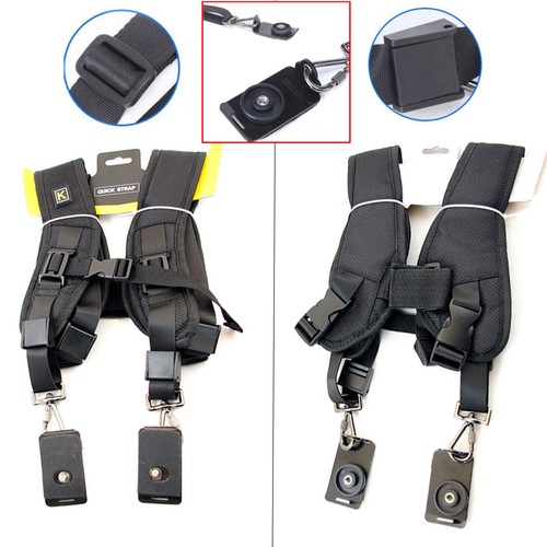Black Dual Shoulder Quick Release Belt Sling Strap For 2 DSLR Camera Canon Nikon