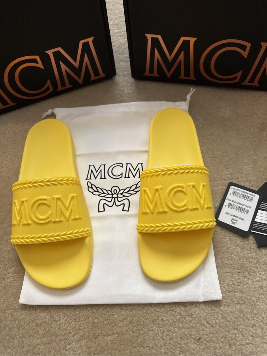 MCM Mens Yellow Big Logo Rubber Slides Sandals US 12 EU 45  display picture 1