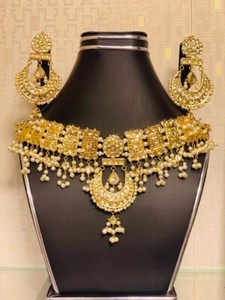 Authentic Indian Bollywood Gold Plated Kundan Choker Bridal Necklace Earrings Jewelry Set