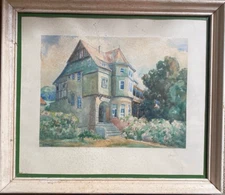 Watercolor Sign. A. Otto 1931 House with Bay Window Villa with Front Garden
