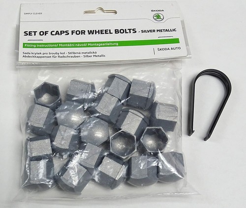 GENUINE SKODA SUPERB OCTAVIA RAPID FABIA WHEEL NUT BOLT COVERS CAPS 17mm SILVER - Picture 2 of 8
