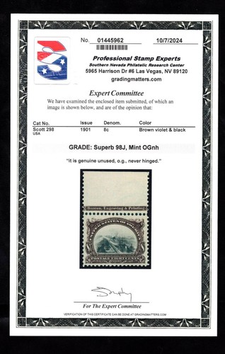 MOMEN: US STAMPS #298 MINT OG NH PSE GRADED CERT SUP-98J LOT #92341* - Picture 2 of 3