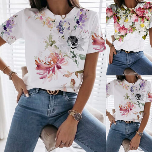 Womens Floral Short Sleeve T-Shirt Tops Ladies Summer Casual Loose Blouse Shirt