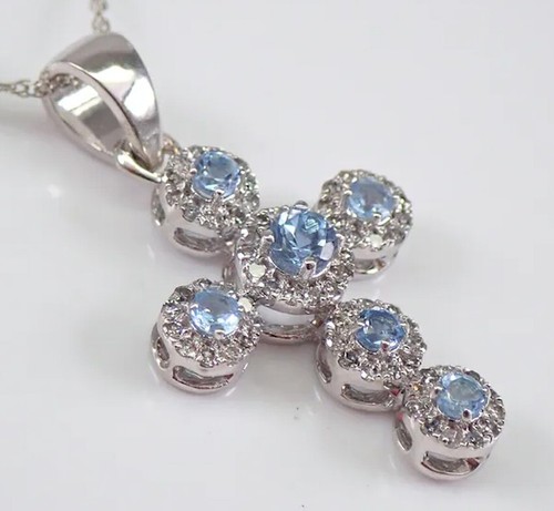 1.28ct Diamante Redondo Natural 14K Oro Blanco Macizo Topacio Boda Cruz Colgante - Imagen 4 de 4