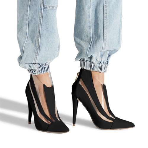 Women's High Heel Ankle Boots Clear PVC Suede Fabric Pointed Toe Stiletto Shoes - Picture 8 of 18