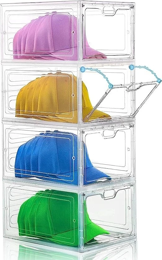 Hat Organizer for Baseball Caps,set of 6, Transparent Hat Storage Box, Hat  Holder With Clear Magnetic Door, Stackable Hat Rack, Easy to Assemble