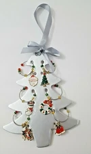 LSArts Set of 6 Enamel Wine Glass Charms Christmas Ornaments On Silver Card