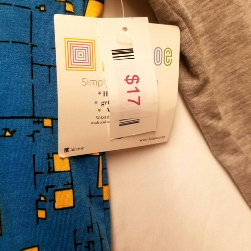 NWT LuLaroe Randy Womens Small Blue Yellow Gray Sleeves Geometric Top Tunic NEW - Picture 2 of 4